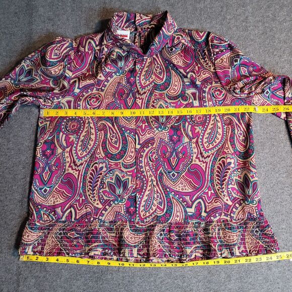 VTG 70s Judy Bond Top Purple Paisley Womens 14 Mod Boho Shirred Waist Office - Picture 4 of 9